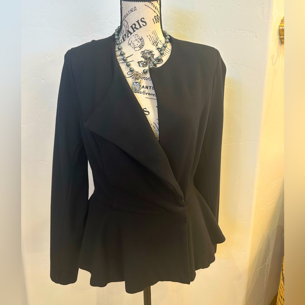 Cabi black ponte knit asymmetrical front jacket